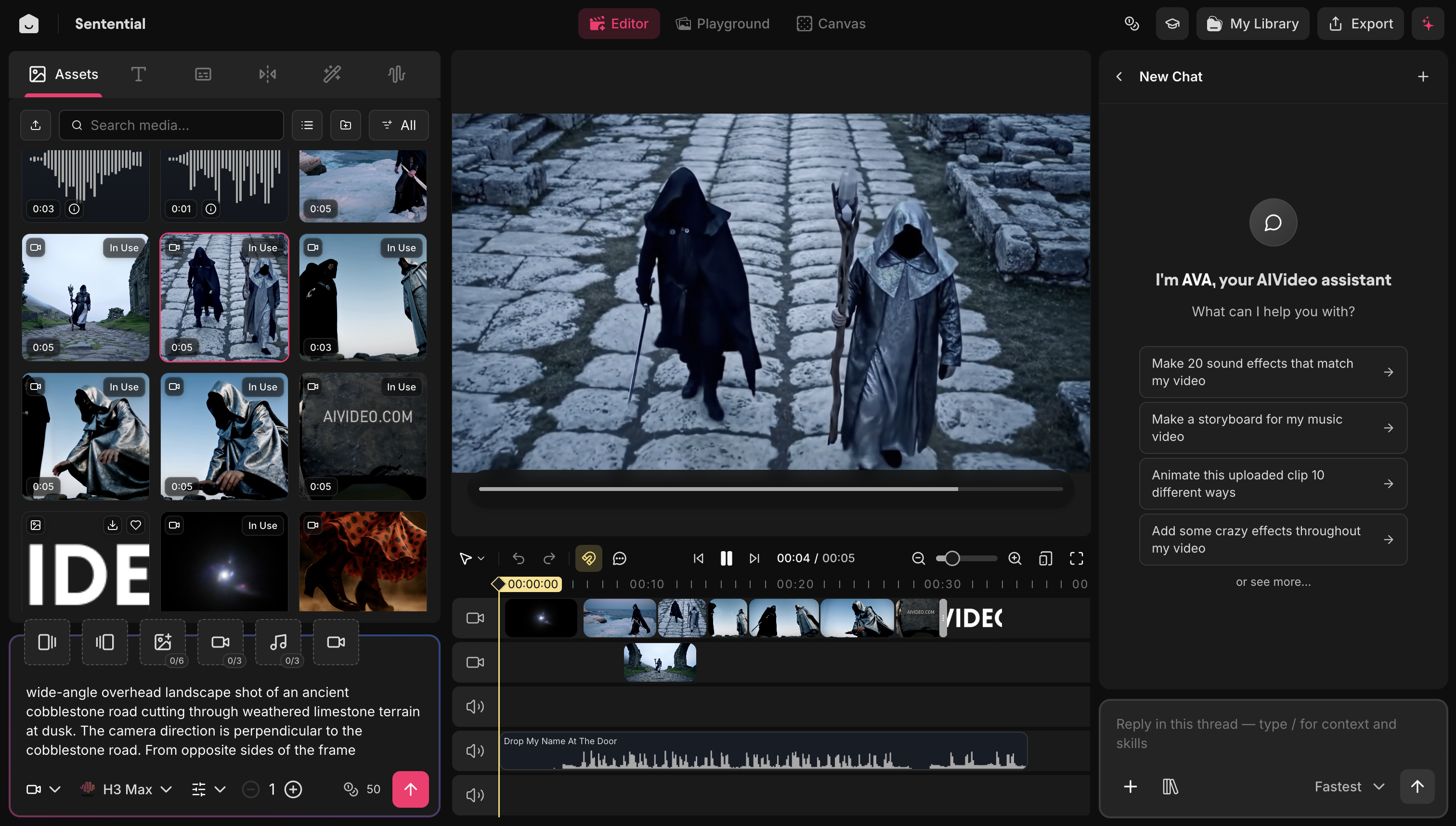 AIVideo editor with media library, generation prompt, video preview, multi-track timeline, and assistant panel
