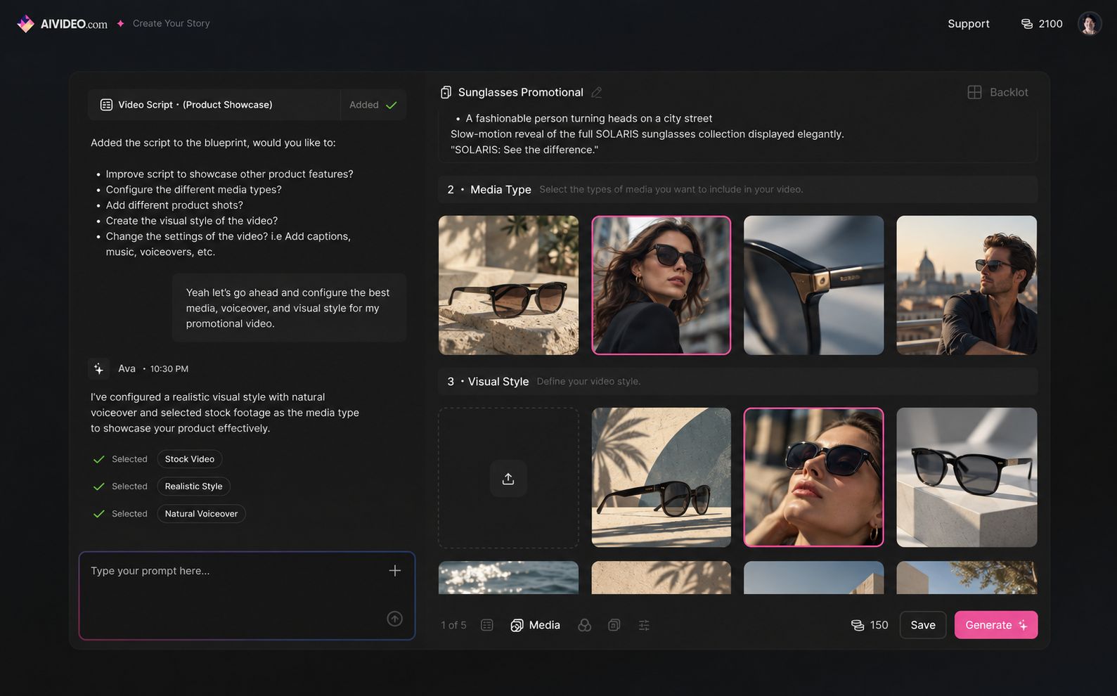 Backlots concept design showing conversational guidance, example media, and visual-style choices for a sunglasses promotion