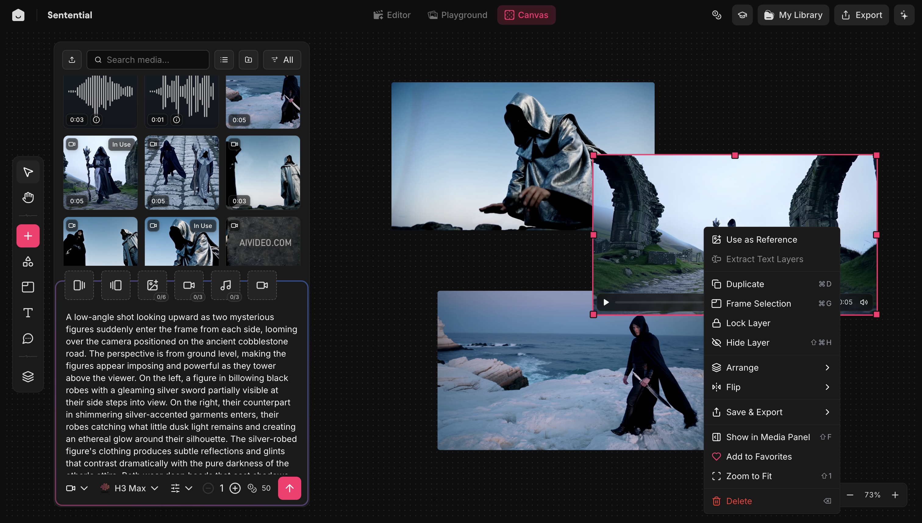 AIVideo Canvas with freely arranged media, a selected asset, and context-menu actions for references and layer operations