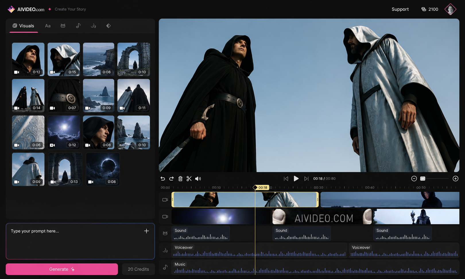 AIVideo editor design mockup showing example media in the library, video preview, and layered timeline